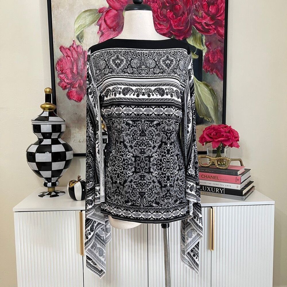 Marc Bouwer Unlimited Women's Paisley Split Cape Sleeve Top Black White Large